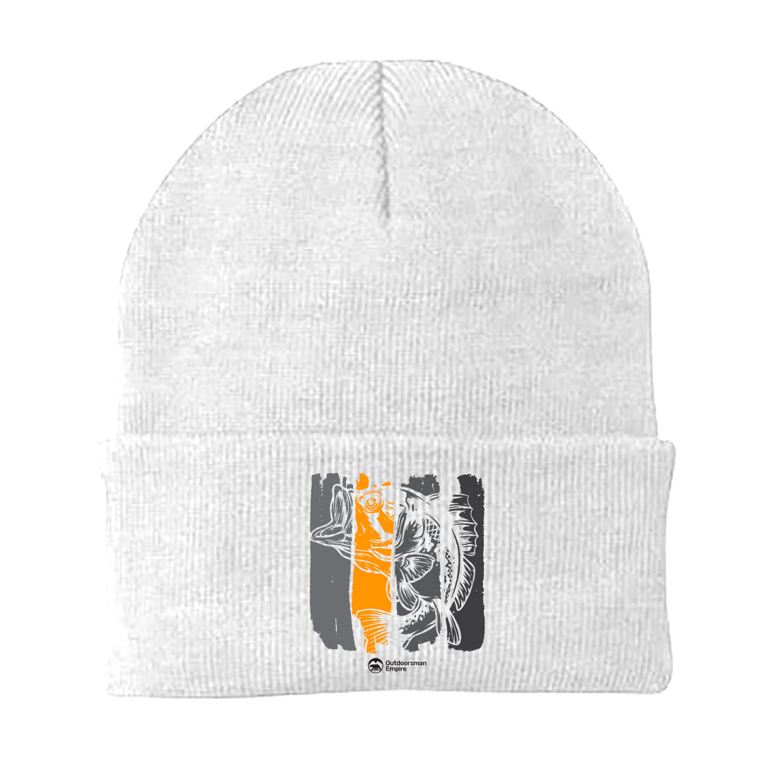 Fishing Grunge Bars Embroidered Beanie showcasing a stylish design with snug fit, perfect for outdoor activities.