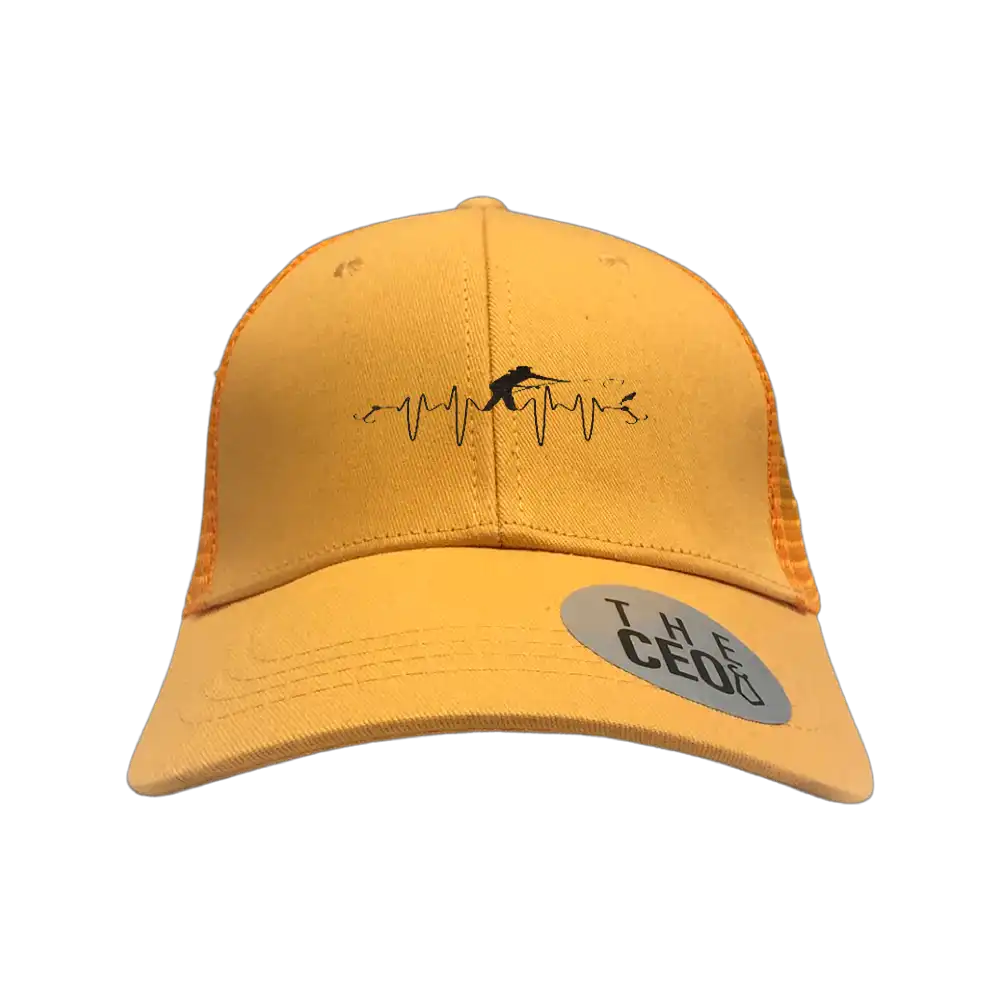 Fishing Heart Beat Embroidered Trucker Hat featuring a unique design, adjustable snapback, and breathable cotton material.