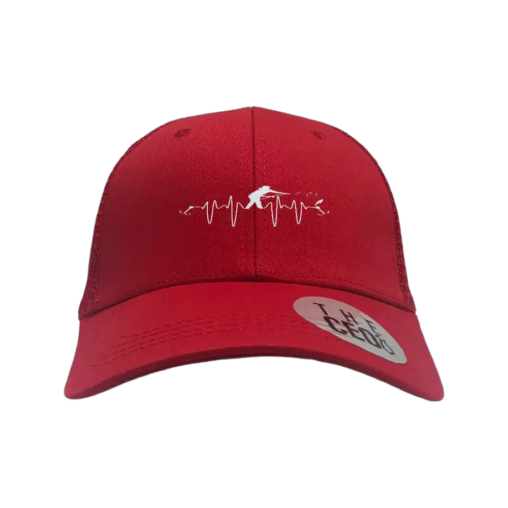 Fishing Heart Beat Embroidered Trucker Hat featuring a unique design, adjustable snapback, and breathable cotton material.