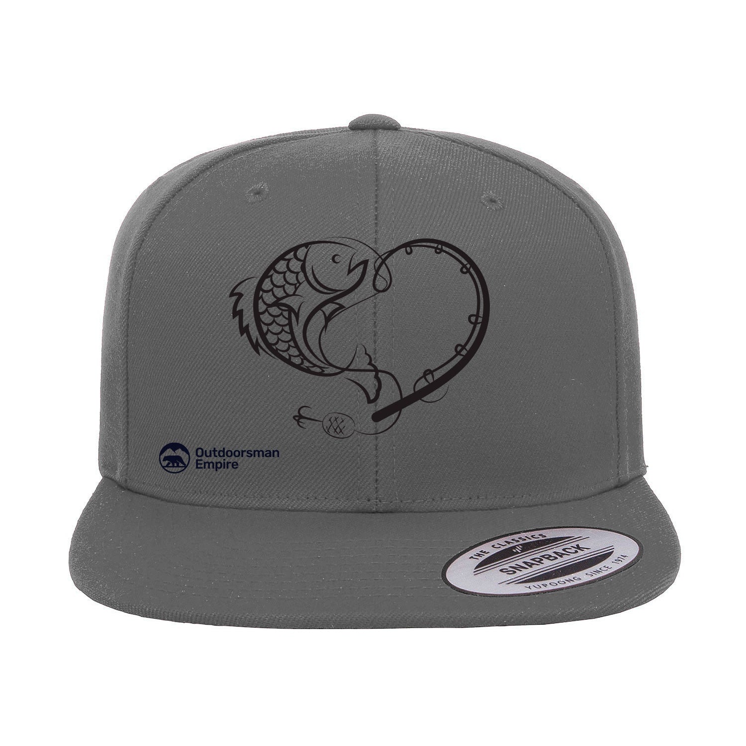 Fishing Heart Embroidered Flat Bill Cap featuring a structured design and snapback closure, perfect for fishing enthusiasts.