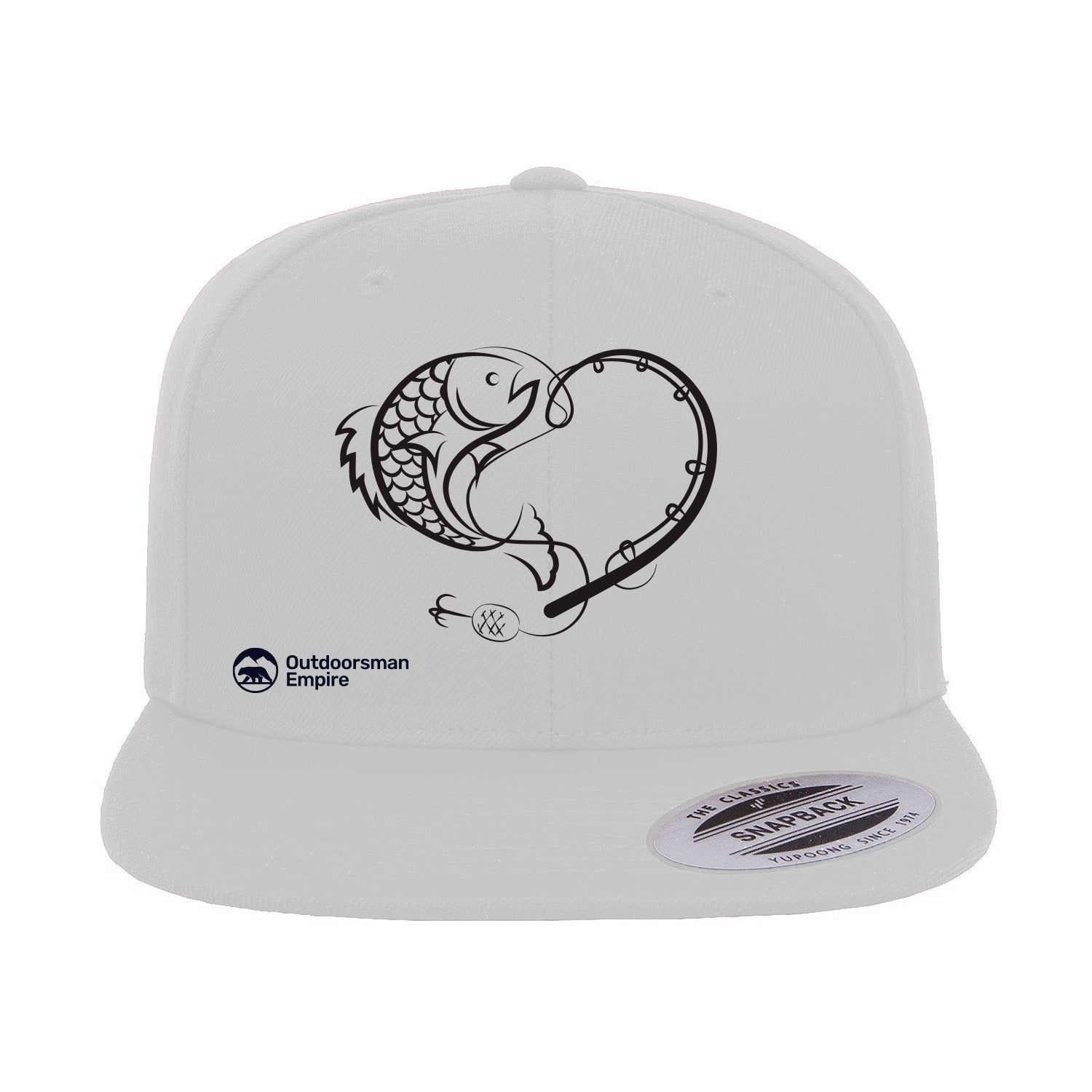 Fishing Heart Embroidered Flat Bill Cap featuring a structured design and snapback closure, perfect for fishing enthusiasts.