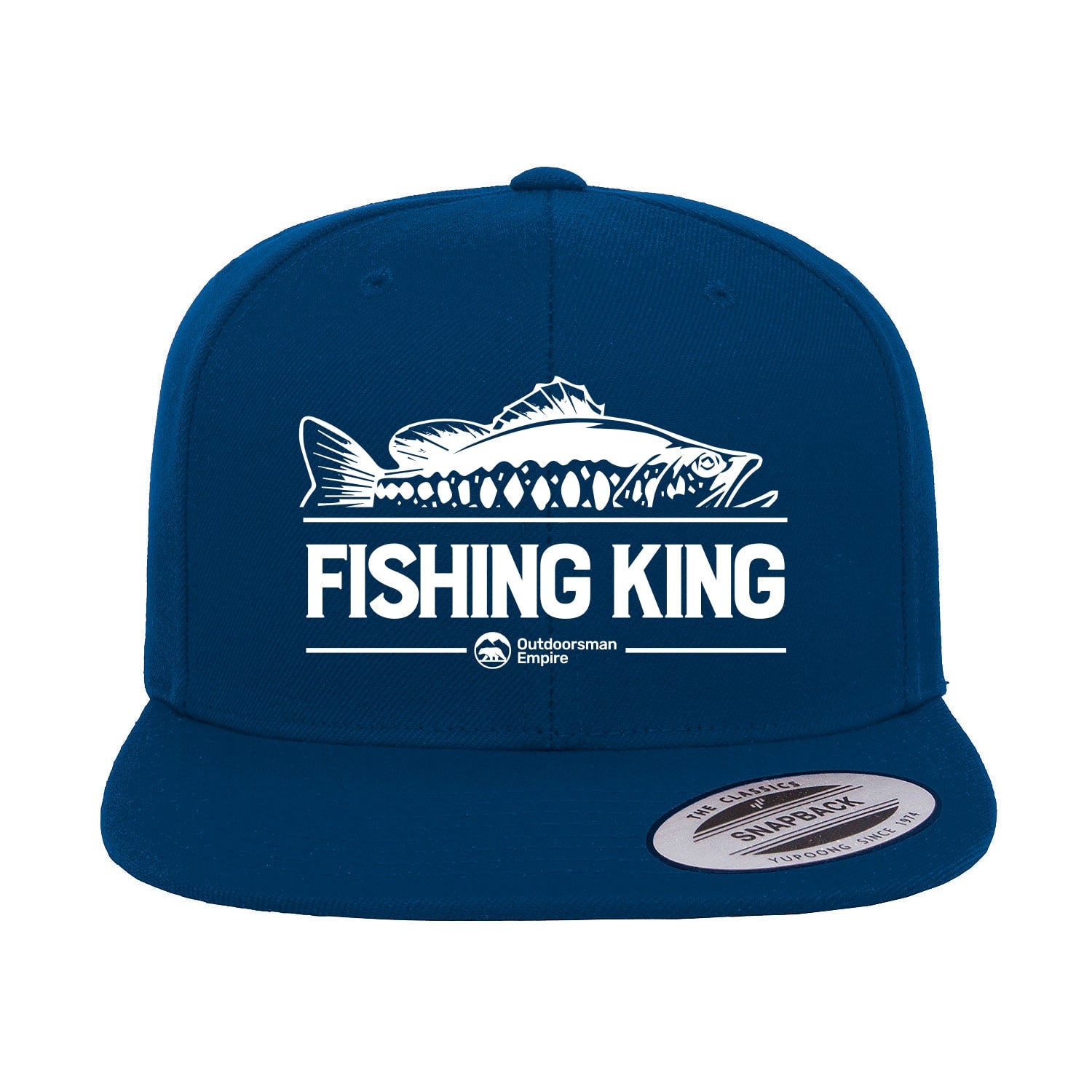 Fishing King Embroidered Flat Bill Cap featuring a structured design, green under visor, and snapback closure, perfect for fishing enthusiasts.