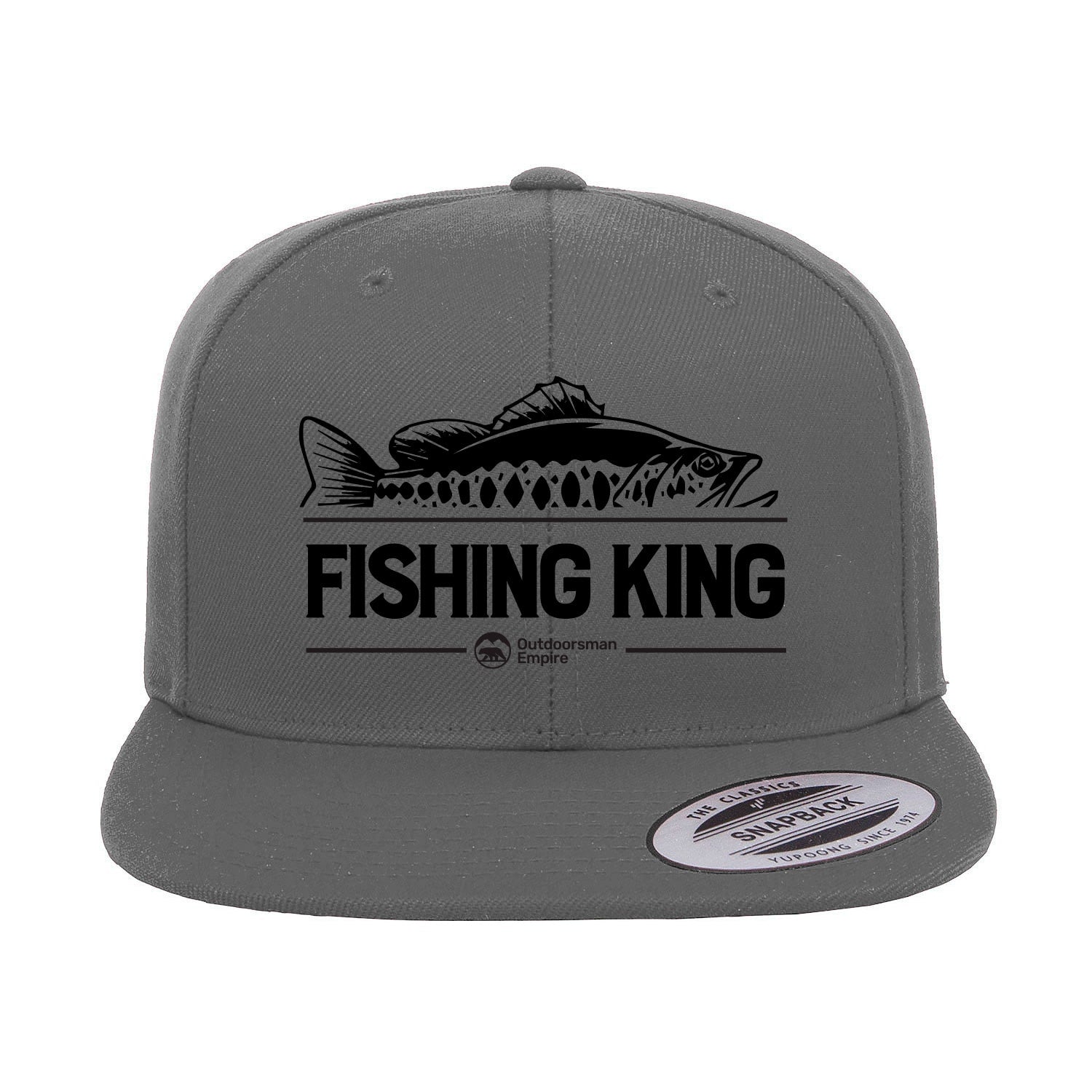 Fishing King Embroidered Flat Bill Cap featuring a structured design, green under visor, and snapback closure, perfect for fishing enthusiasts.