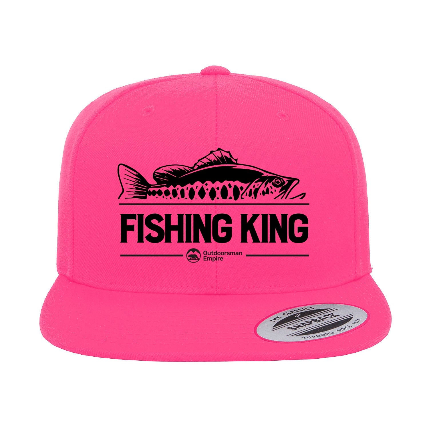 Fishing King Embroidered Flat Bill Cap featuring a structured design, green under visor, and snapback closure, perfect for fishing enthusiasts.