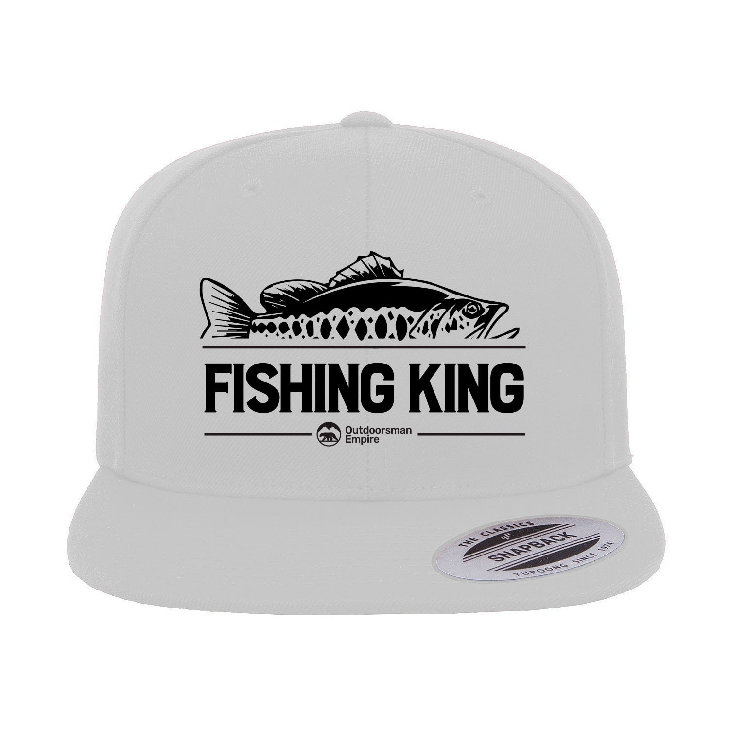 Fishing King Embroidered Flat Bill Cap featuring a structured design, green under visor, and snapback closure, perfect for fishing enthusiasts.