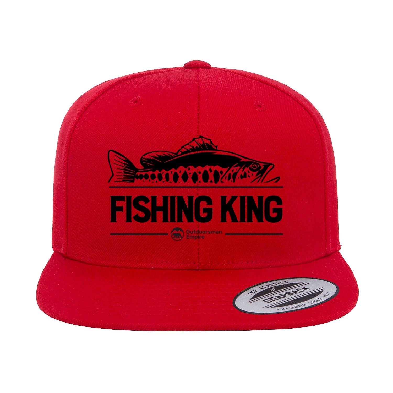 Fishing King Embroidered Flat Bill Cap featuring a structured design, green under visor, and snapback closure, perfect for fishing enthusiasts.