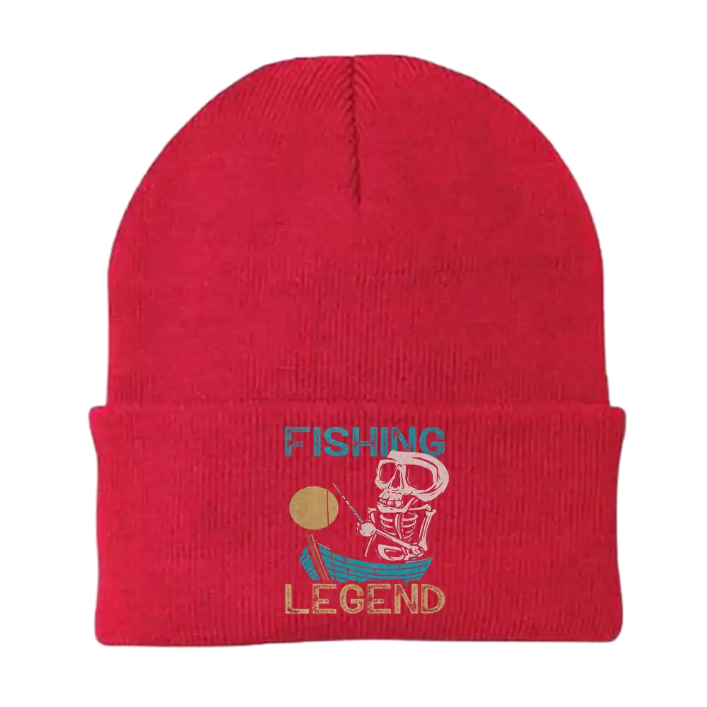 Fishing Legend Embroidered Beanie showcasing a unique fishing design, made from a breathable cotton blend.