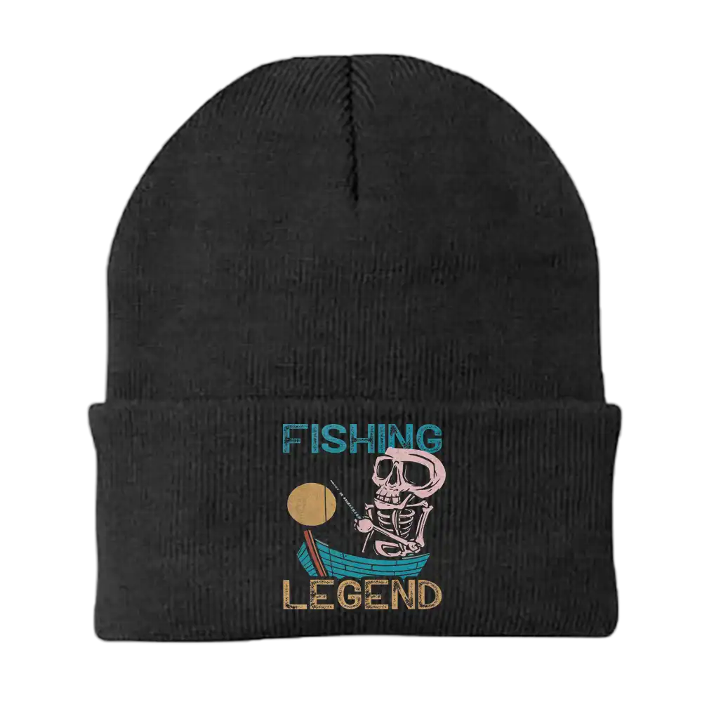 Fishing Legend Embroidered Beanie showcasing a unique fishing design, made from a breathable cotton blend.