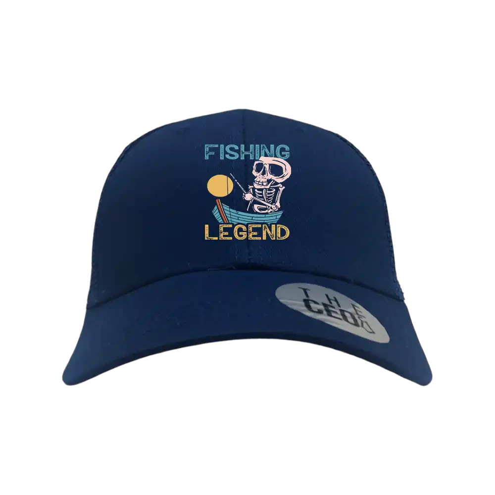 Fishing Legend Embroidered Trucker Hat featuring a stylish embroidered design, snapback closure, and breathable cotton material.