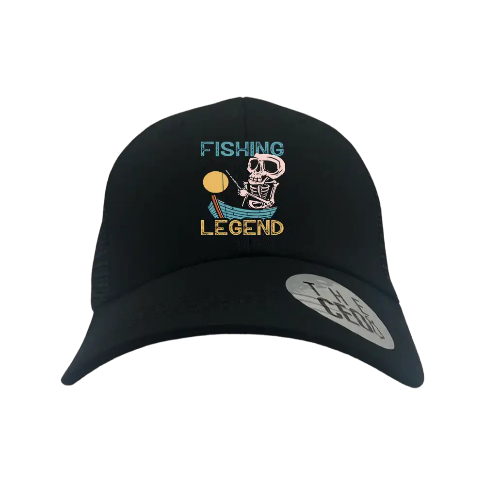 Fishing Legend Embroidered Trucker Hat featuring a stylish embroidered design, snapback closure, and breathable cotton material.