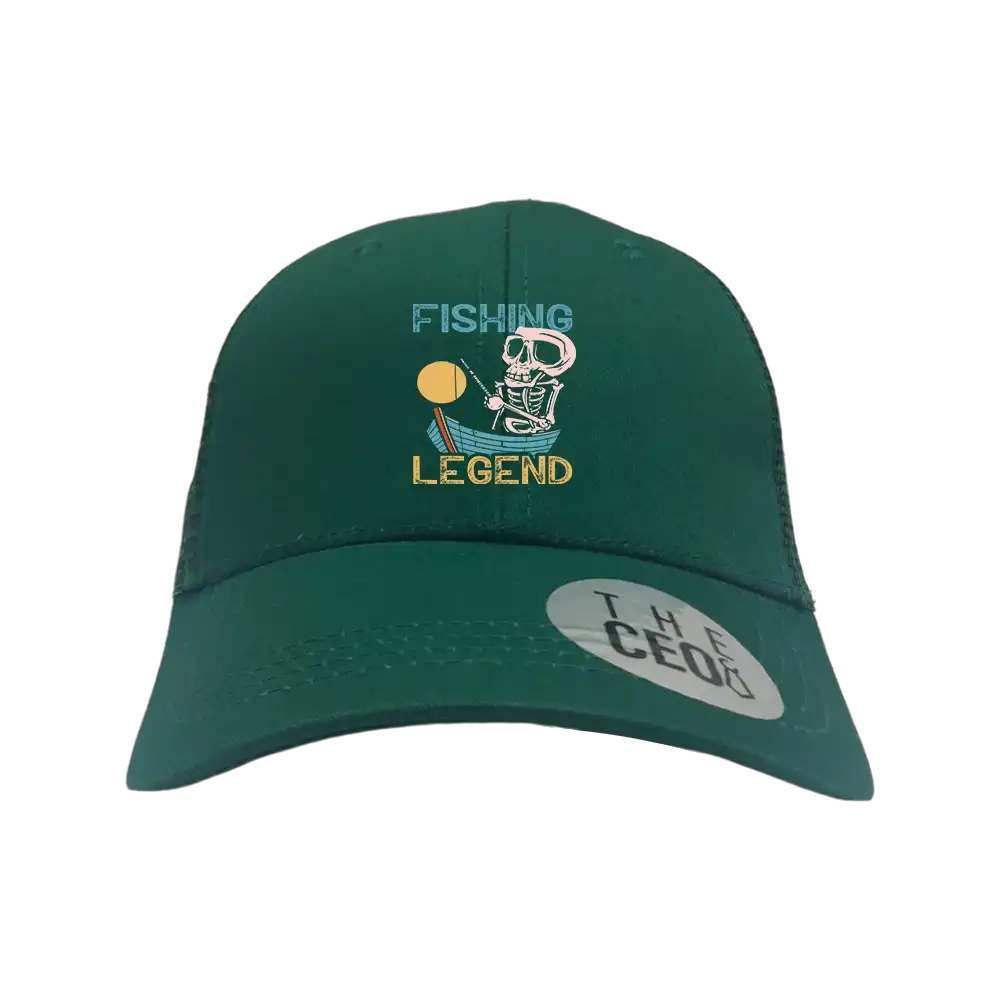 Fishing Legend Embroidered Trucker Hat featuring a stylish embroidered design, snapback closure, and breathable cotton material.