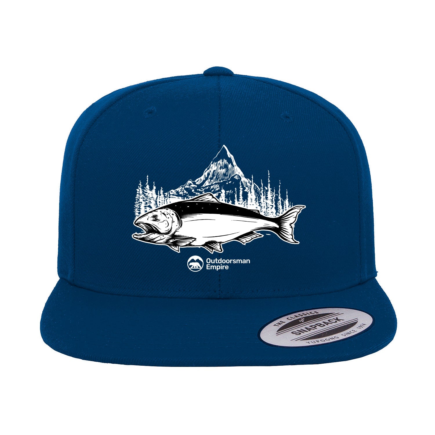 Fishing Mountain Flat Bill Cap with embroidered design, high-profile fit, and green undervisor, suitable for men and women.