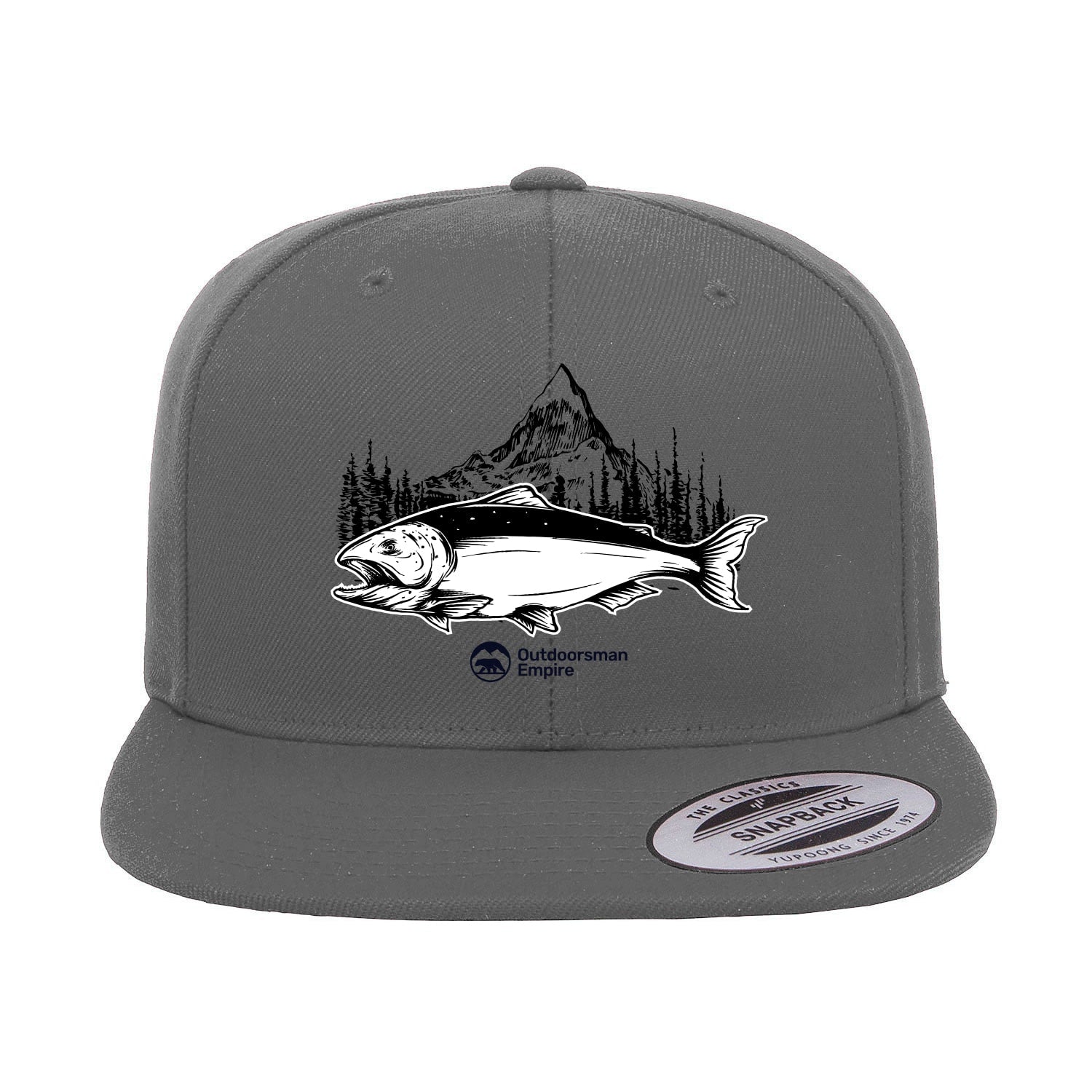 Fishing Mountain Flat Bill Cap with embroidered design, high-profile fit, and green undervisor, suitable for men and women.