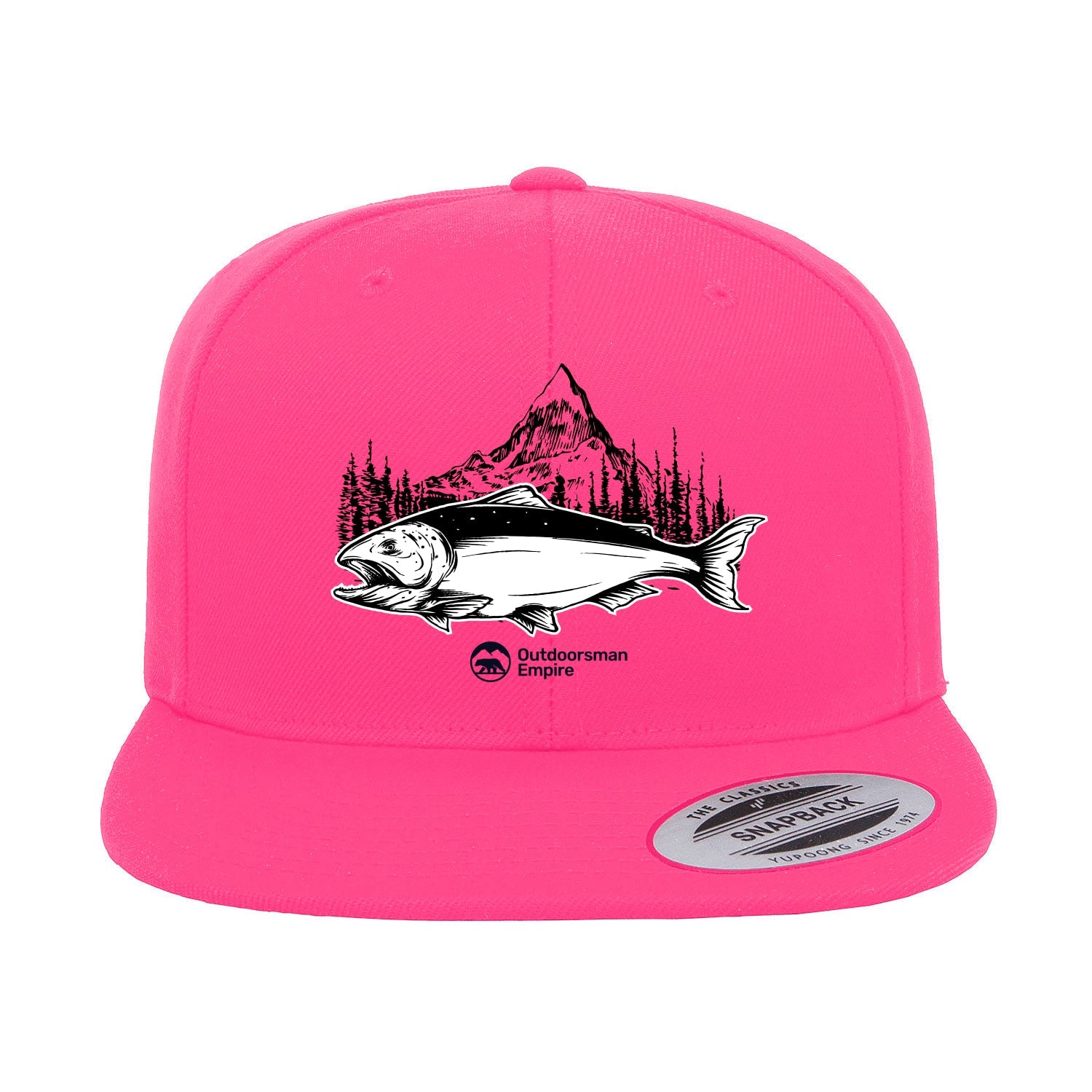 Fishing Mountain Flat Bill Cap with embroidered design, high-profile fit, and green undervisor, suitable for men and women.