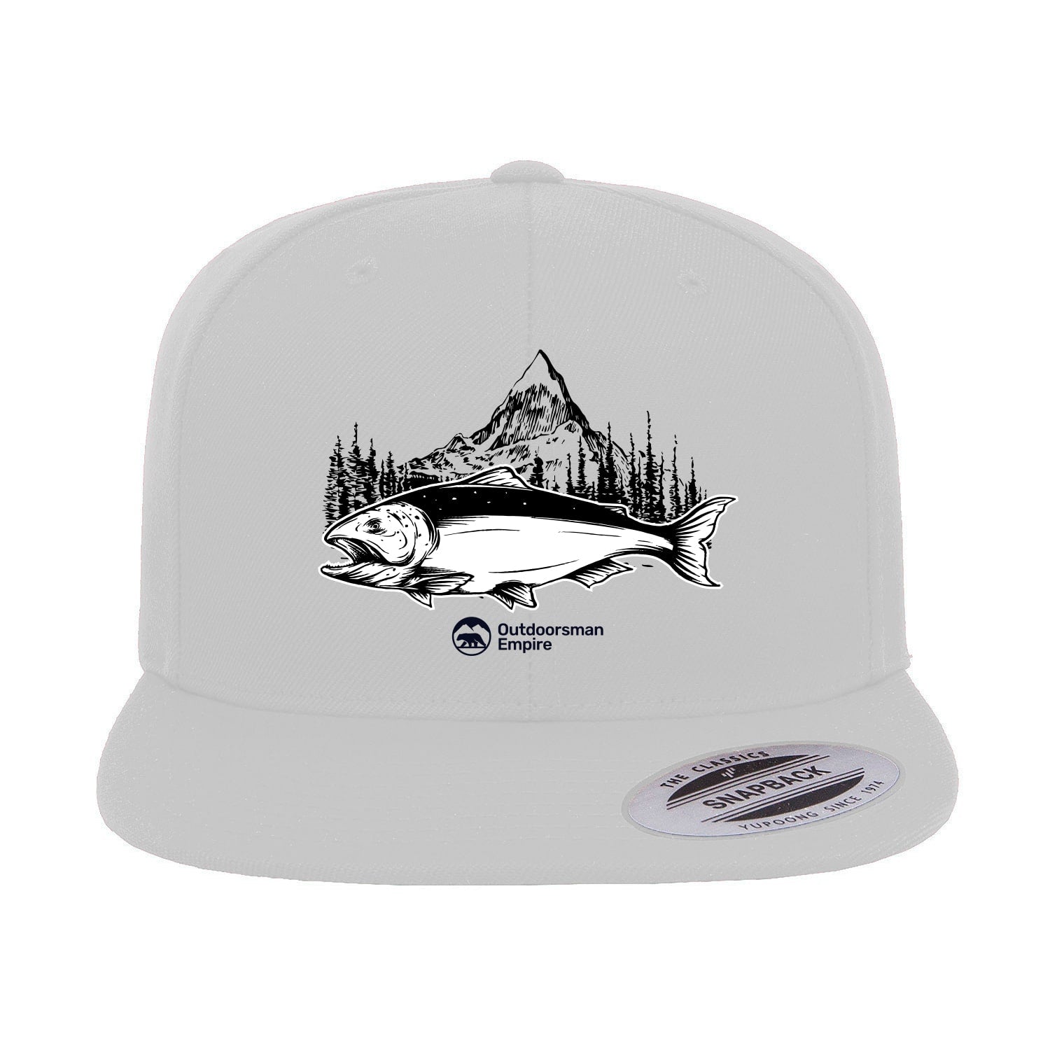 Fishing Mountain Flat Bill Cap with embroidered design, high-profile fit, and green undervisor, suitable for men and women.