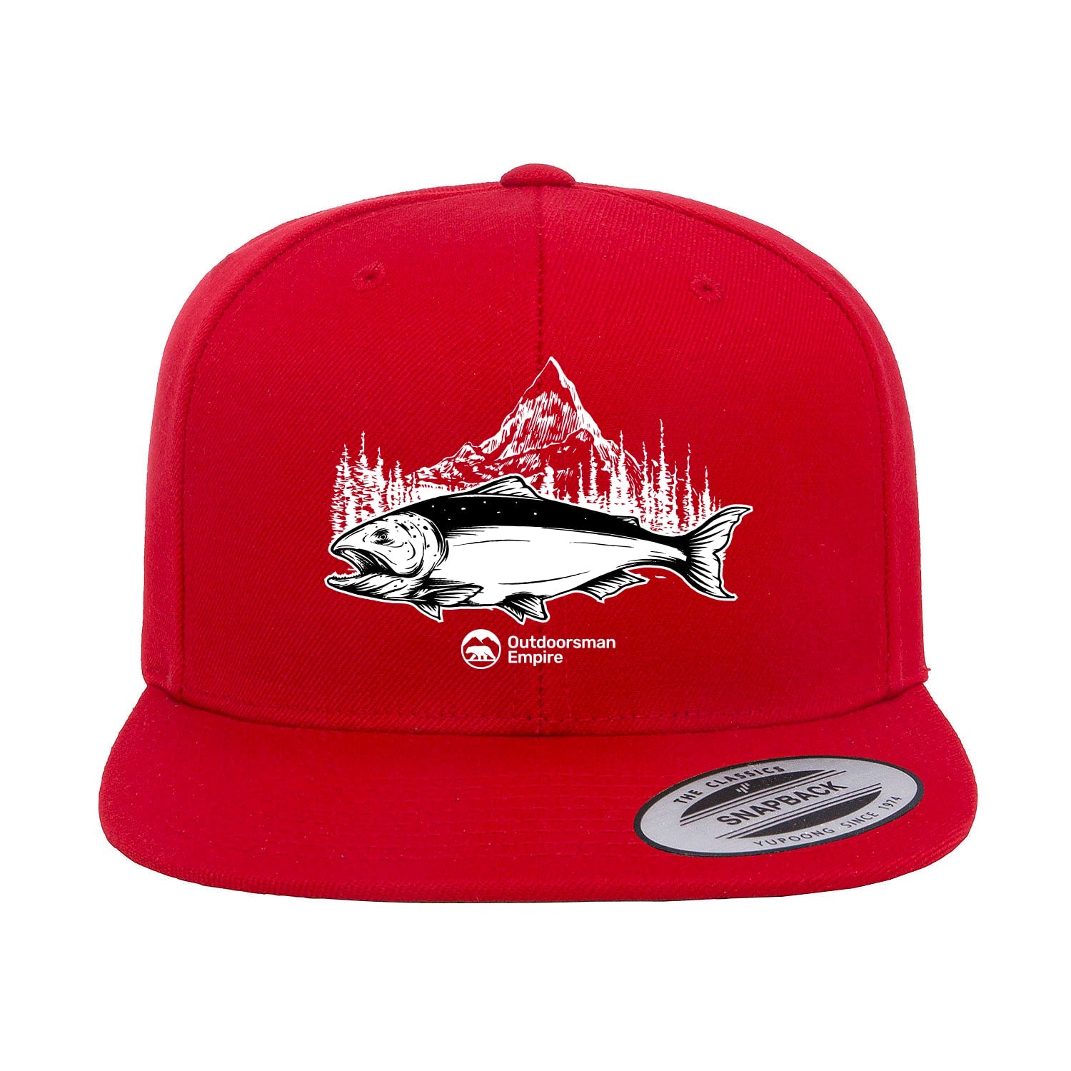 Fishing Mountain Flat Bill Cap with embroidered design, high-profile fit, and green undervisor, suitable for men and women.