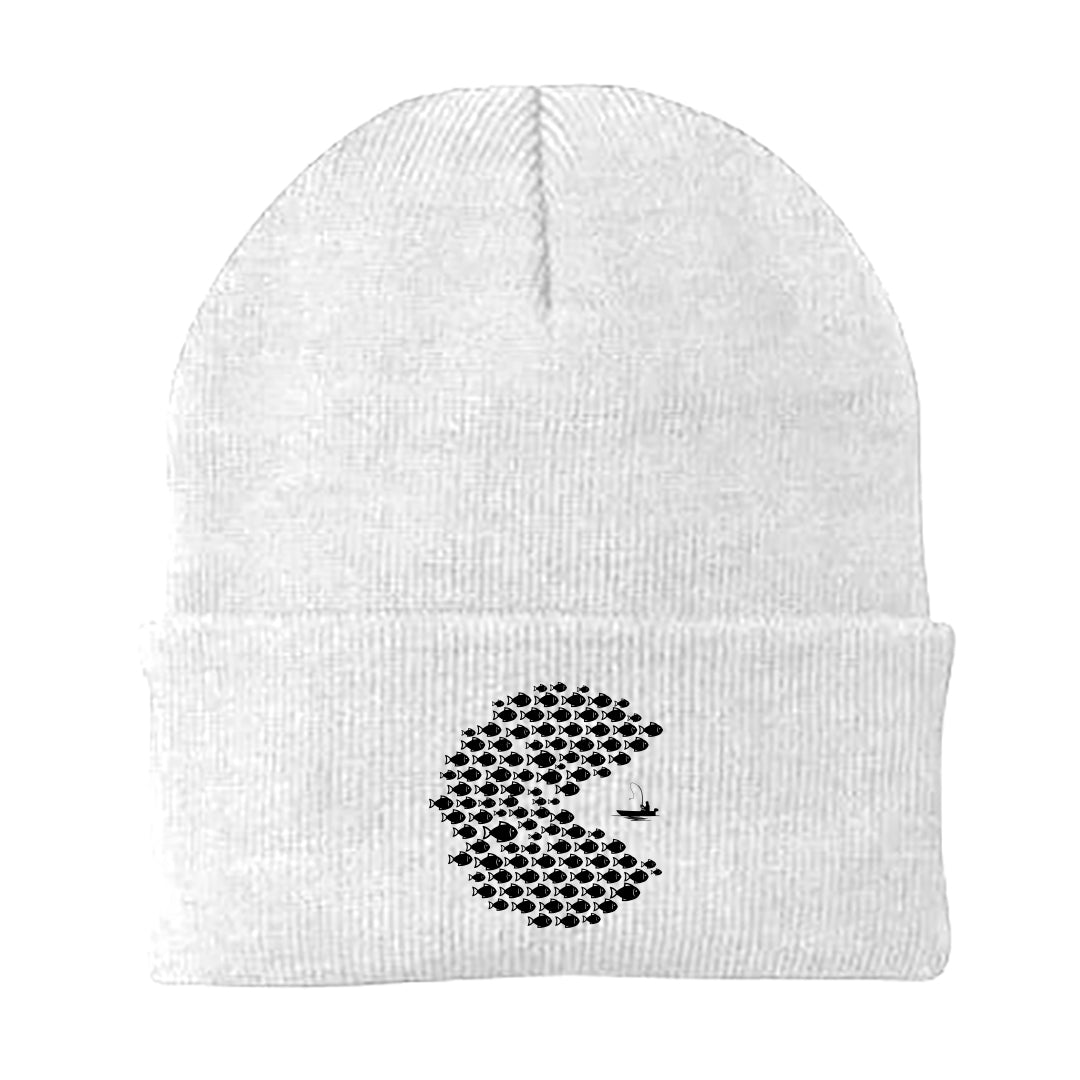 Fishing Pacman Style Embroidered Beanie featuring a unique Pacman design, made from a cozy cotton-acrylic blend.