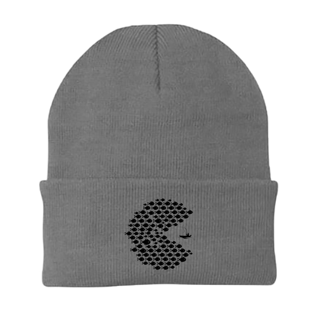 Fishing Pacman Style Embroidered Beanie featuring a unique Pacman design, made from a cozy cotton-acrylic blend.