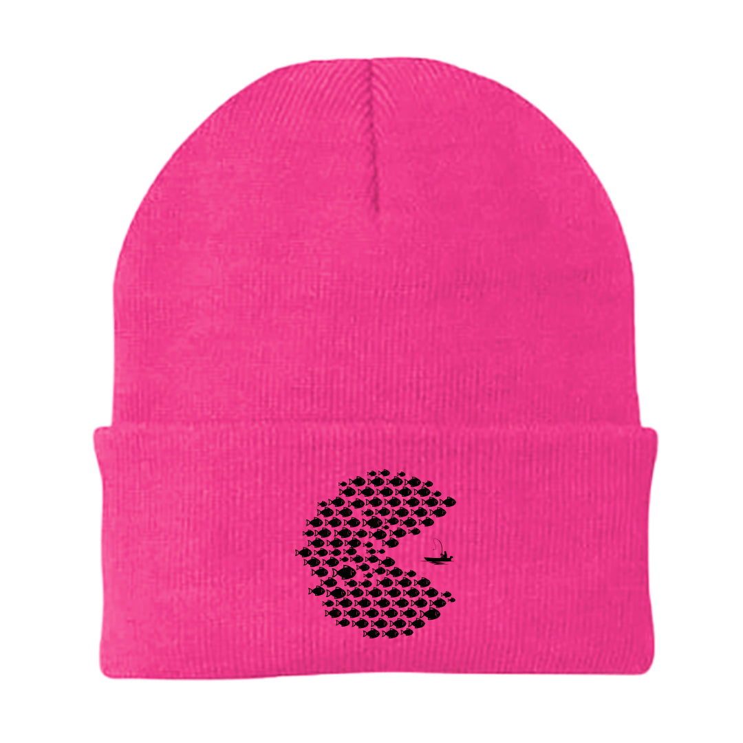 Fishing Pacman Style Embroidered Beanie featuring a unique Pacman design, made from a cozy cotton-acrylic blend.