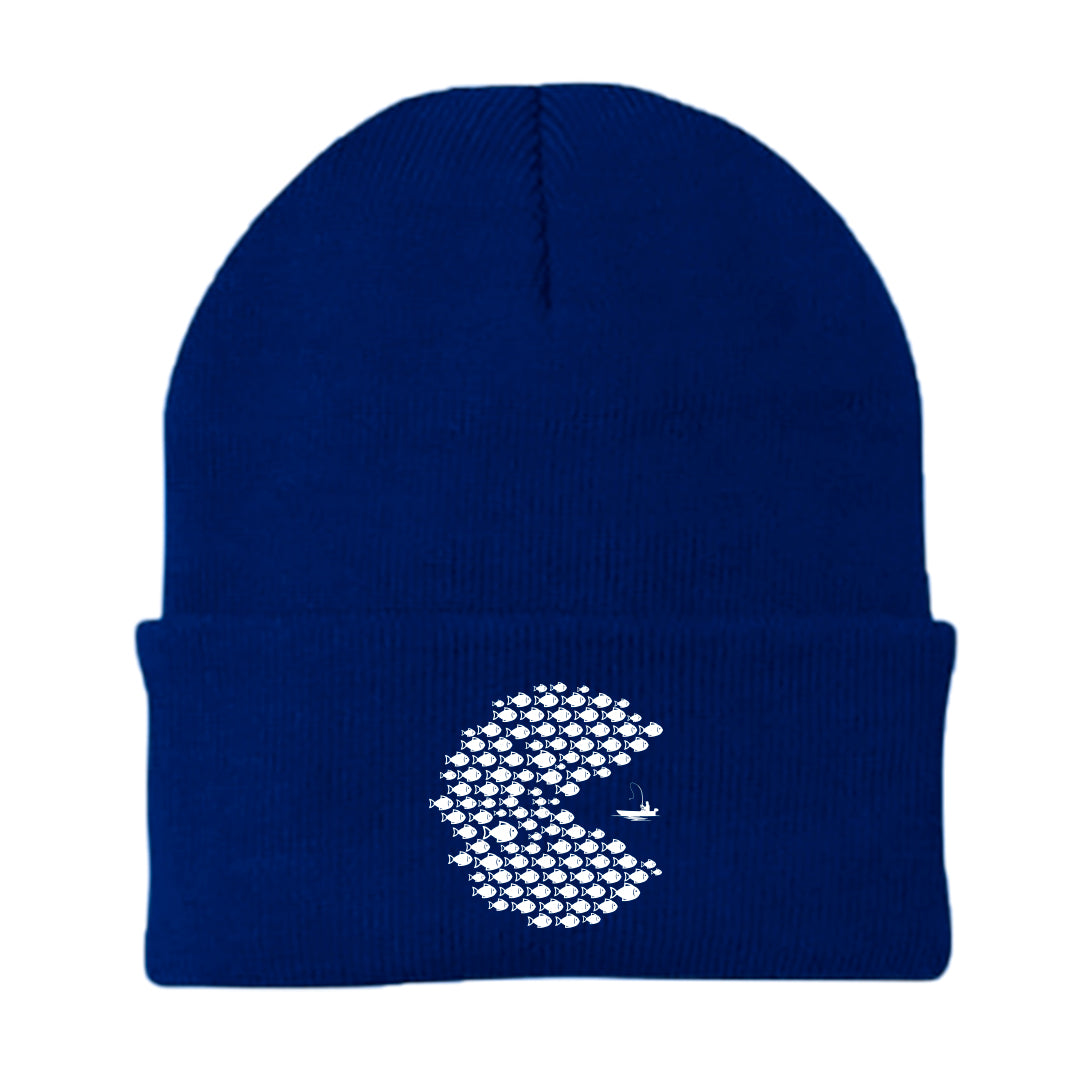 Fishing Pacman Style Embroidered Beanie featuring a unique Pacman design, made from a cozy cotton-acrylic blend.