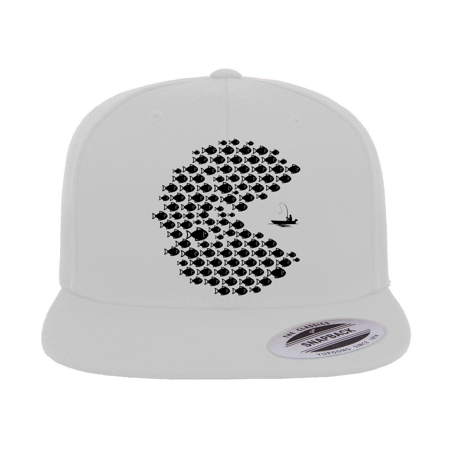 Fishing Pacman Style Flat Bill Cap with embroidered design, high-profile fit, and green undervisor, suitable for men and women.