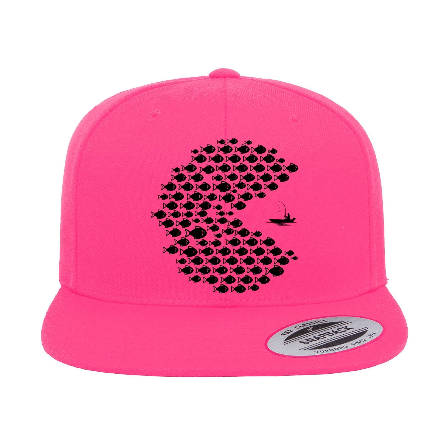 Fishing Pacman Style Flat Bill Cap with embroidered design, high-profile fit, and green undervisor, suitable for men and women.