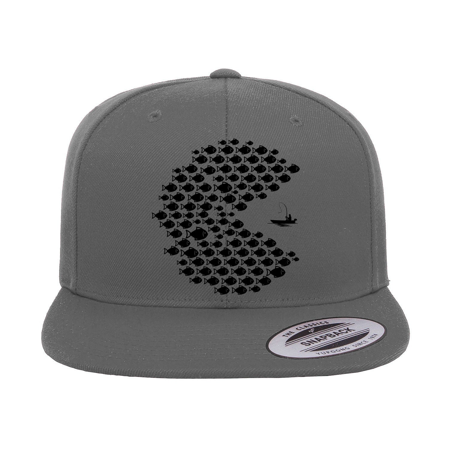 Fishing Pacman Style Flat Bill Cap with embroidered design, high-profile fit, and green undervisor, suitable for men and women.