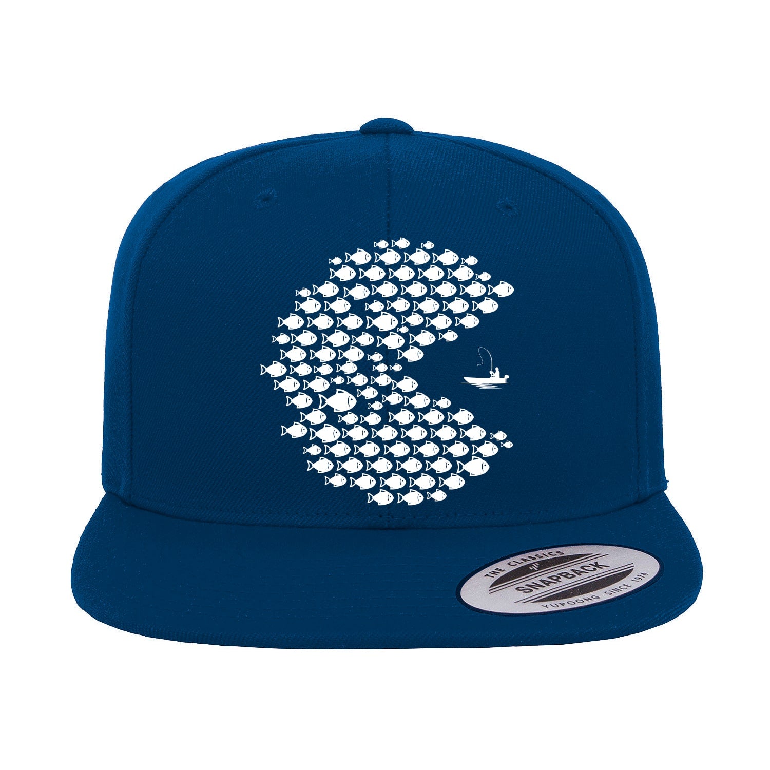 Fishing Pacman Style Flat Bill Cap with embroidered design, high-profile fit, and green undervisor, suitable for men and women.