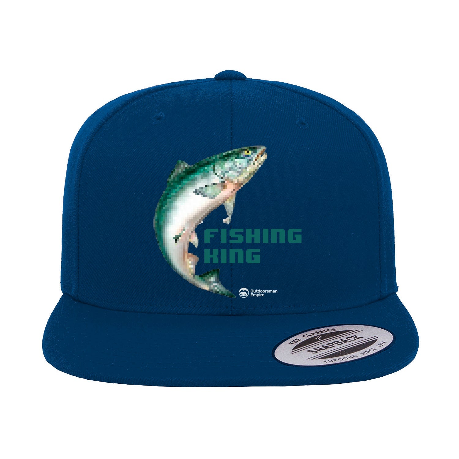 Fishing Pixelated Embroidered Flat Bill Cap featuring a structured design and green under visor, perfect for outdoor activities.