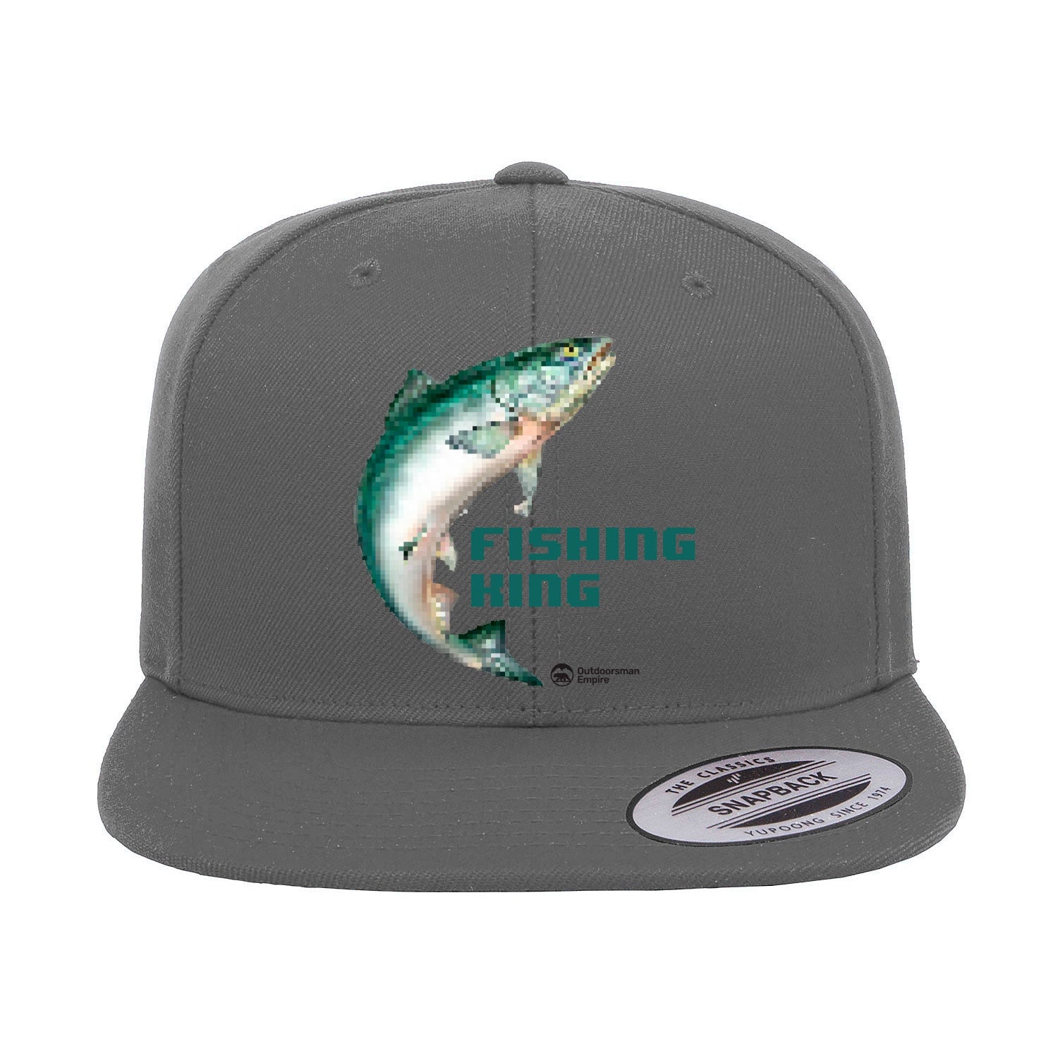 Fishing Pixelated Embroidered Flat Bill Cap featuring a structured design and green under visor, perfect for outdoor activities.