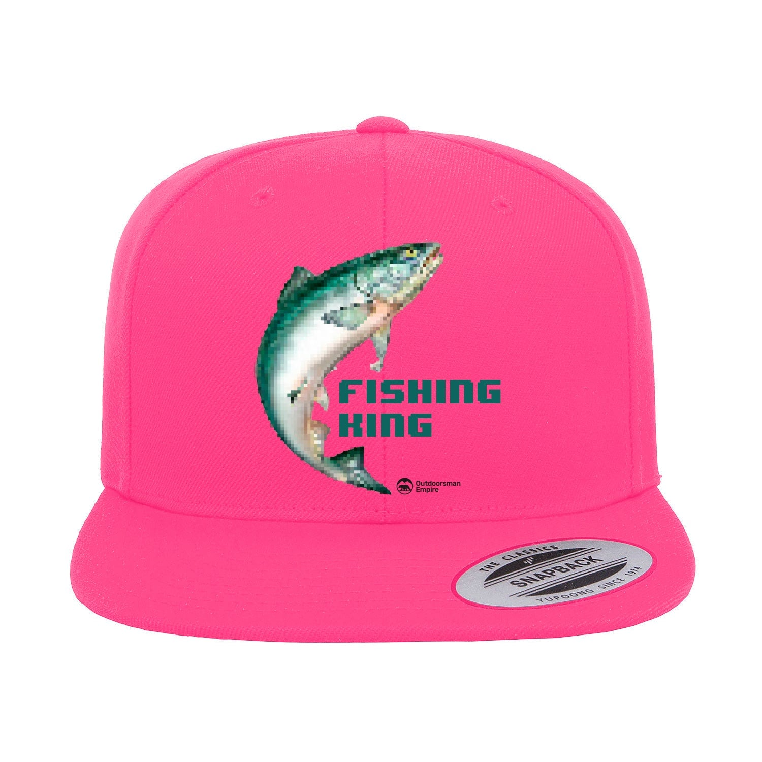 Fishing Pixelated Embroidered Flat Bill Cap featuring a structured design and green under visor, perfect for outdoor activities.