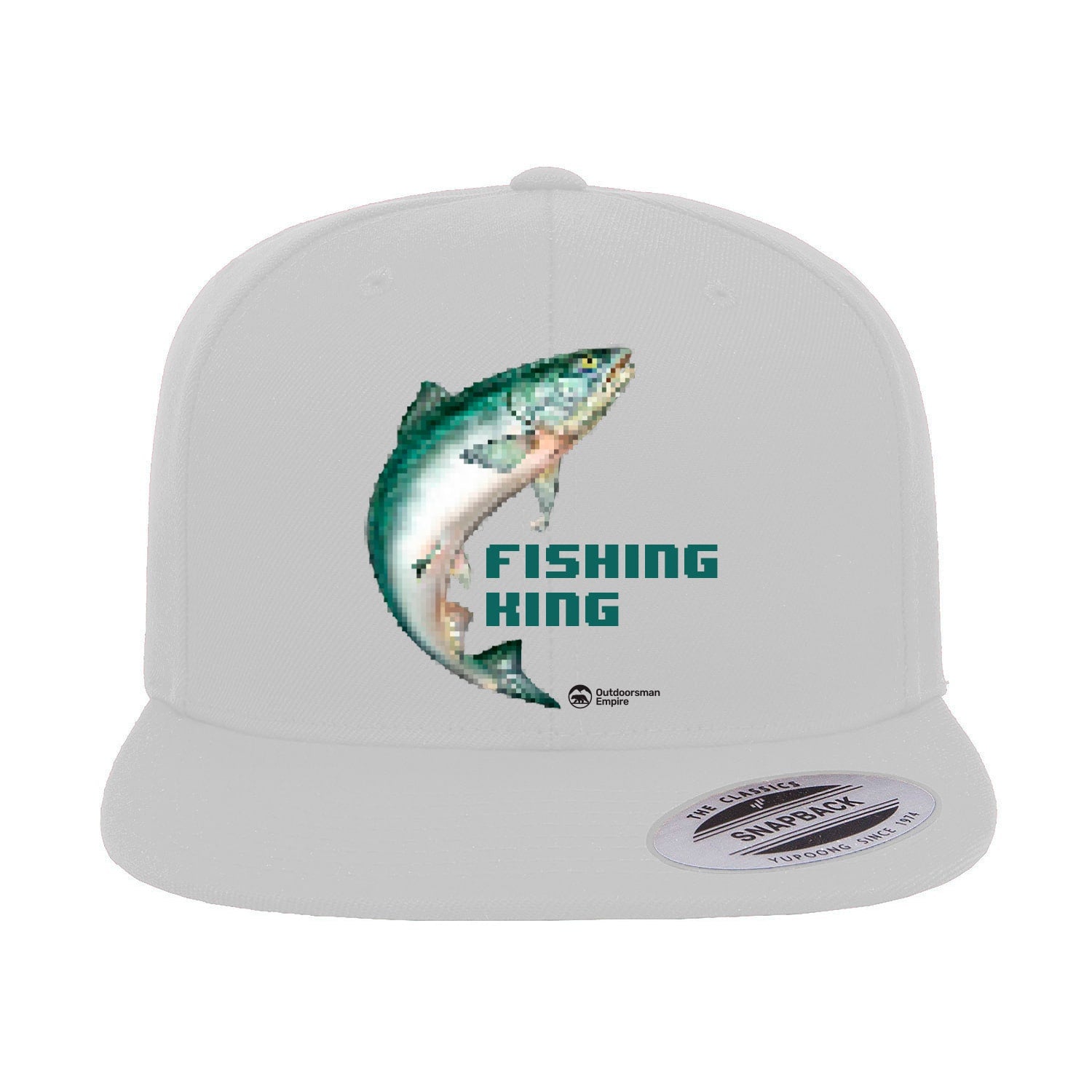 Fishing Pixelated Embroidered Flat Bill Cap featuring a structured design and green under visor, perfect for outdoor activities.