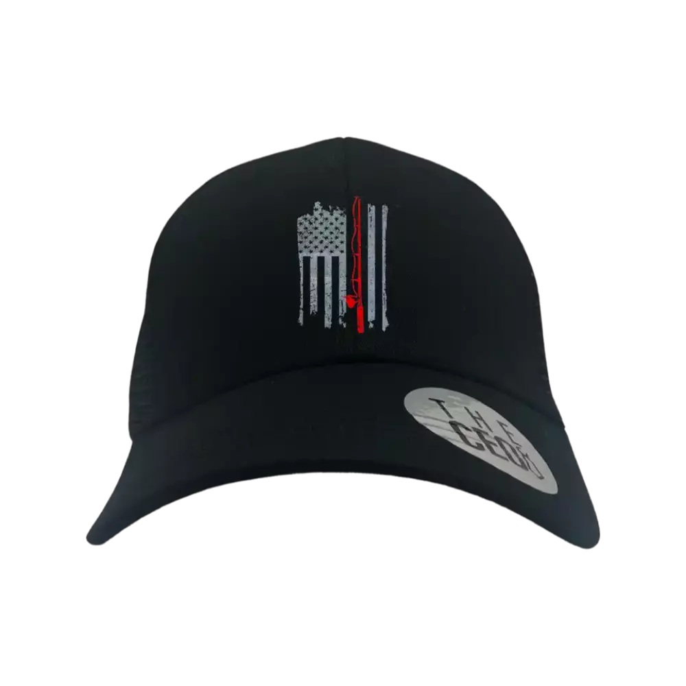 Fishing Rod American Flag Embroidered Trucker Hat featuring a vibrant American flag design and a comfortable snapback closure.