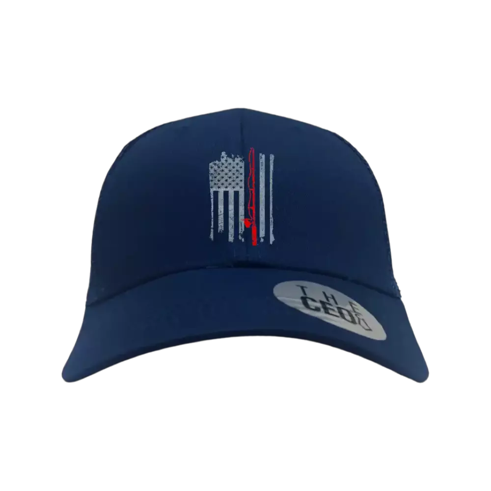 Fishing Rod American Flag Embroidered Trucker Hat featuring a vibrant American flag design and a comfortable snapback closure.