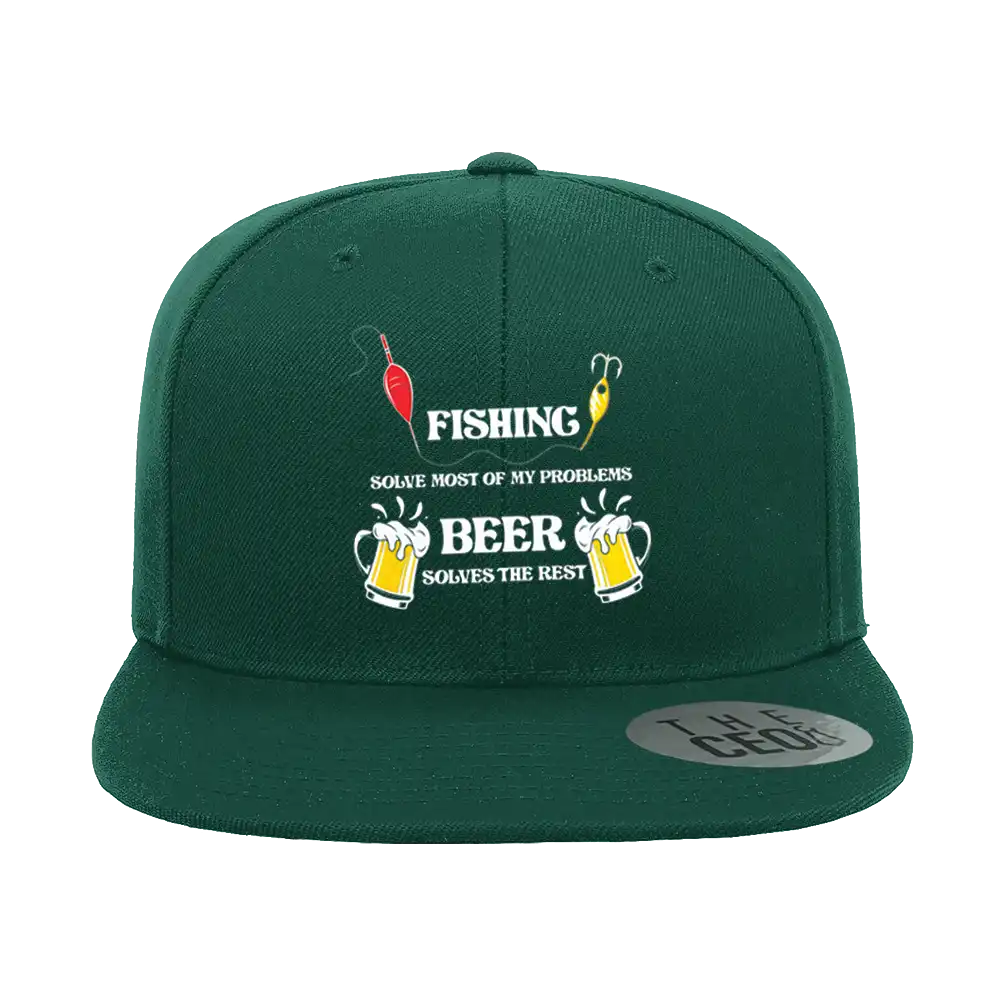 Fishing Solves All My Problems Embroidered Flat Bill Cap featuring a structured design and green under visor.