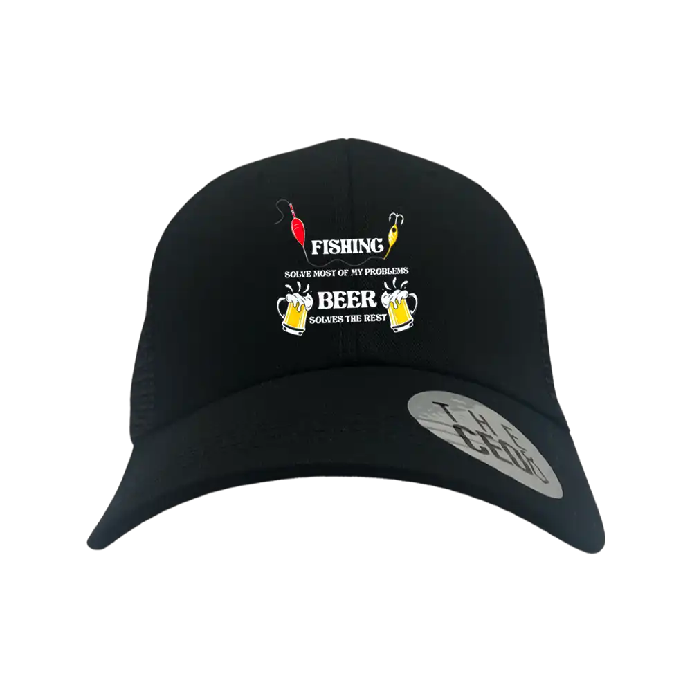 Fishing Solves All My Problems Embroidered Trucker Hat with a stylish design and snapback closure, perfect for outdoor enthusiasts.