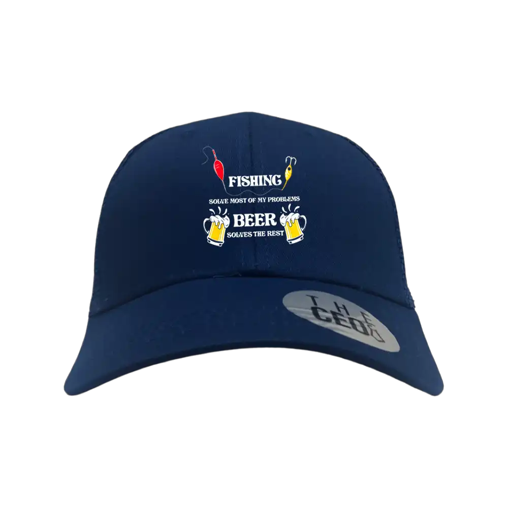 Fishing Solves All My Problems Embroidered Trucker Hat with a stylish design and snapback closure, perfect for outdoor enthusiasts.