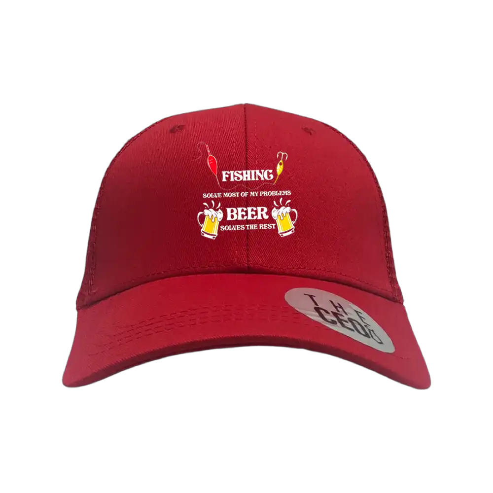 Fishing Solves All My Problems Embroidered Trucker Hat with a stylish design and snapback closure, perfect for outdoor enthusiasts.