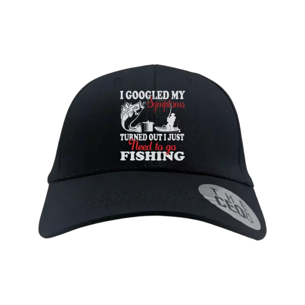 Fishing Symptoms Embroidered Baseball Hat featuring a unique fishing design, made from 100% cotton with a snapback closure.