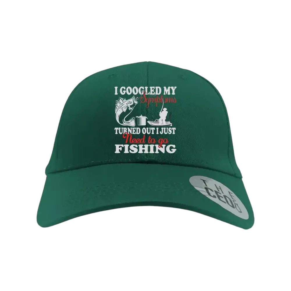 Fishing Symptoms Embroidered Baseball Hat featuring a unique fishing design, made from 100% cotton with a snapback closure.