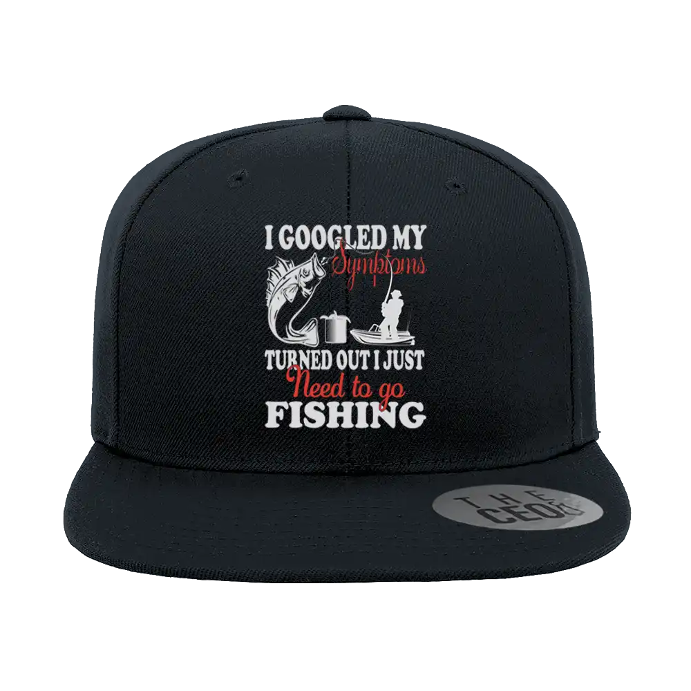 Fishing Symptoms Embroidered Flat Bill Cap featuring a structured design, green under visor, and snapback closure, perfect for fishing enthusiasts.