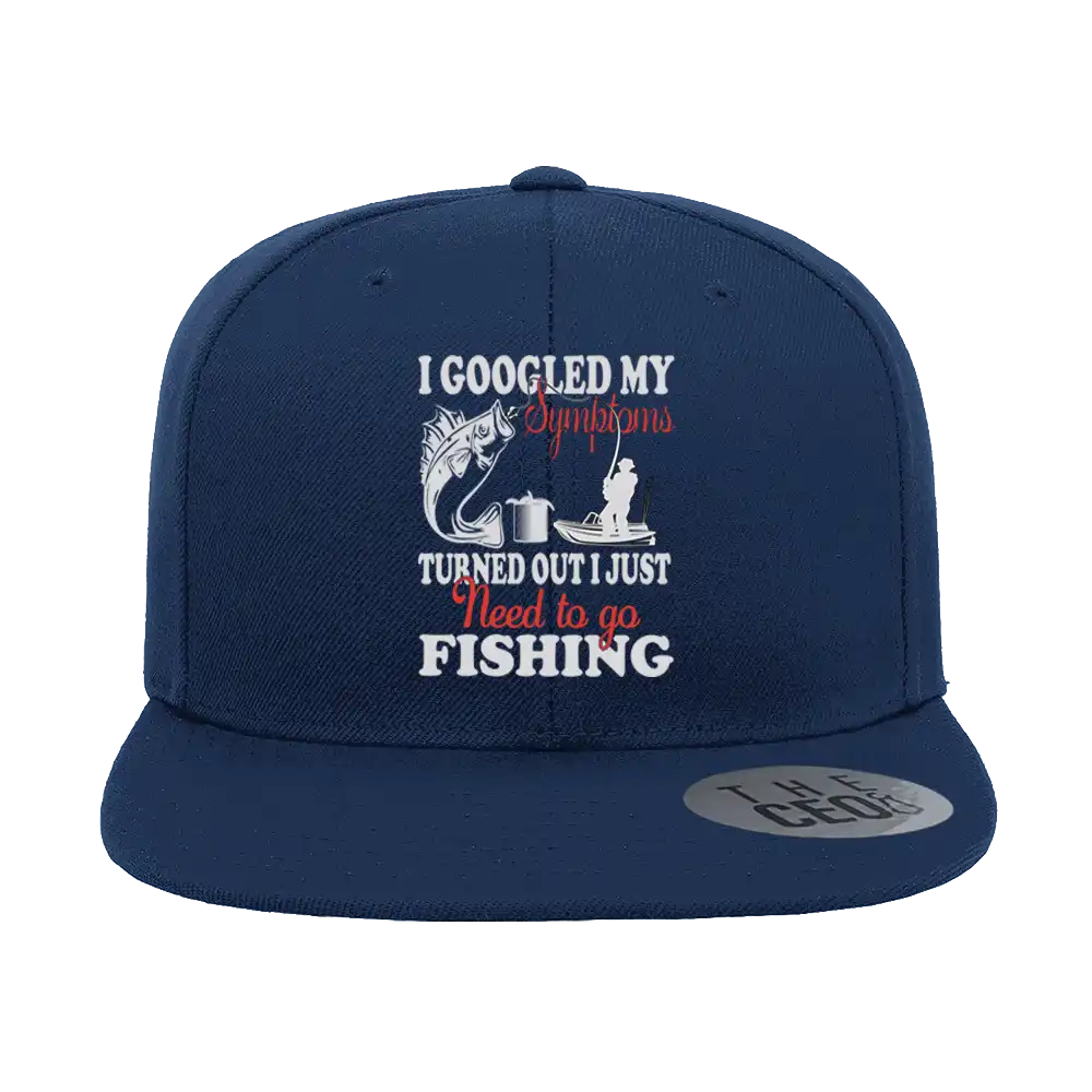 Fishing Symptoms Embroidered Flat Bill Cap featuring a structured design, green under visor, and snapback closure, perfect for fishing enthusiasts.