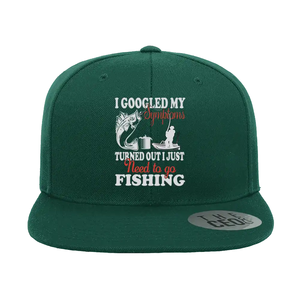 Fishing Symptoms Embroidered Flat Bill Cap featuring a structured design, green under visor, and snapback closure, perfect for fishing enthusiasts.