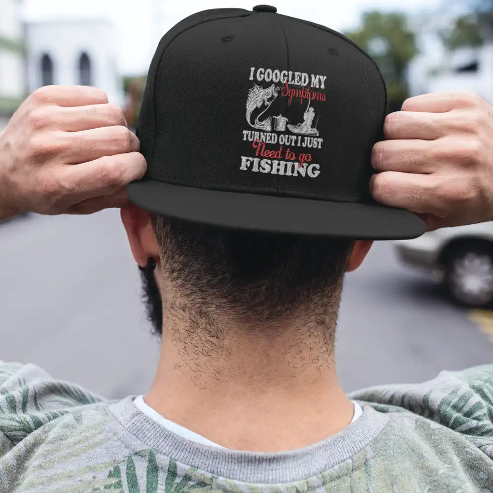 Fishing Symptoms Embroidered Flat Bill Cap featuring a structured design, green under visor, and snapback closure, perfect for fishing enthusiasts.