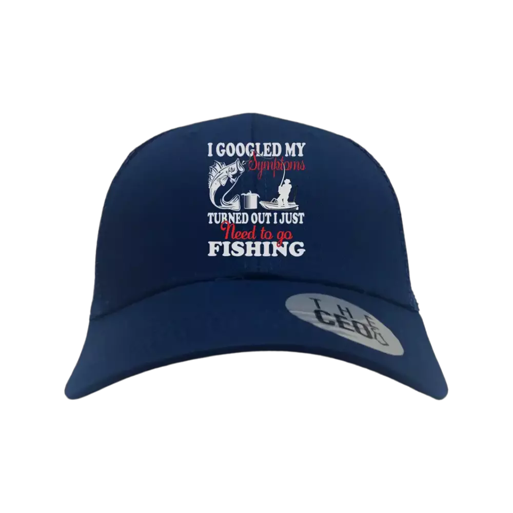 Fishing Symptoms Embroidered Trucker Hat featuring a unique fishing design, comfortable snapback closure, and six-panel construction.