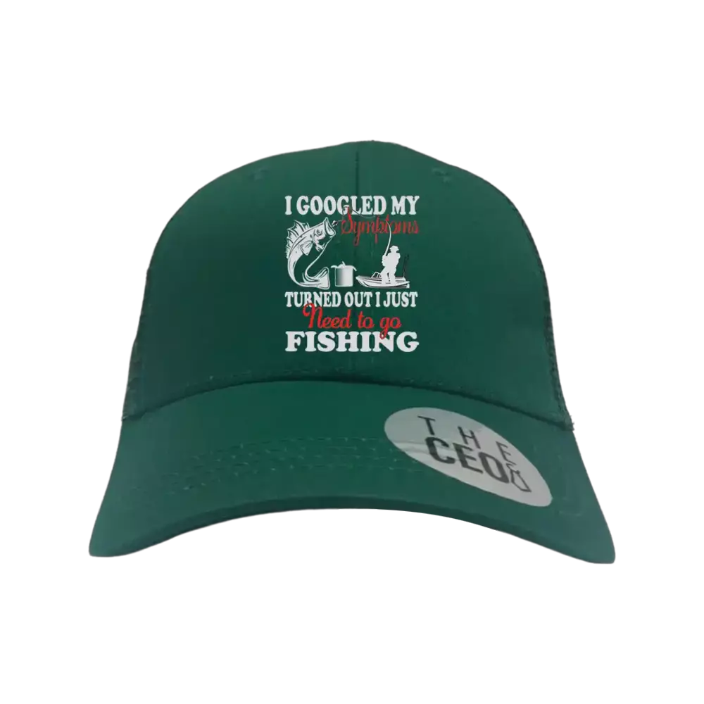 Fishing Symptoms Embroidered Trucker Hat featuring a unique fishing design, comfortable snapback closure, and six-panel construction.