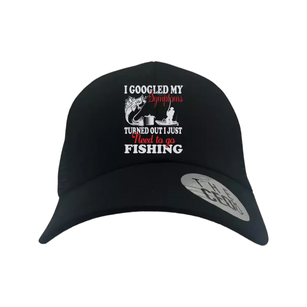 Fishing Symptoms Embroidered Trucker Hat featuring a unique fishing design, comfortable snapback closure, and six-panel construction.