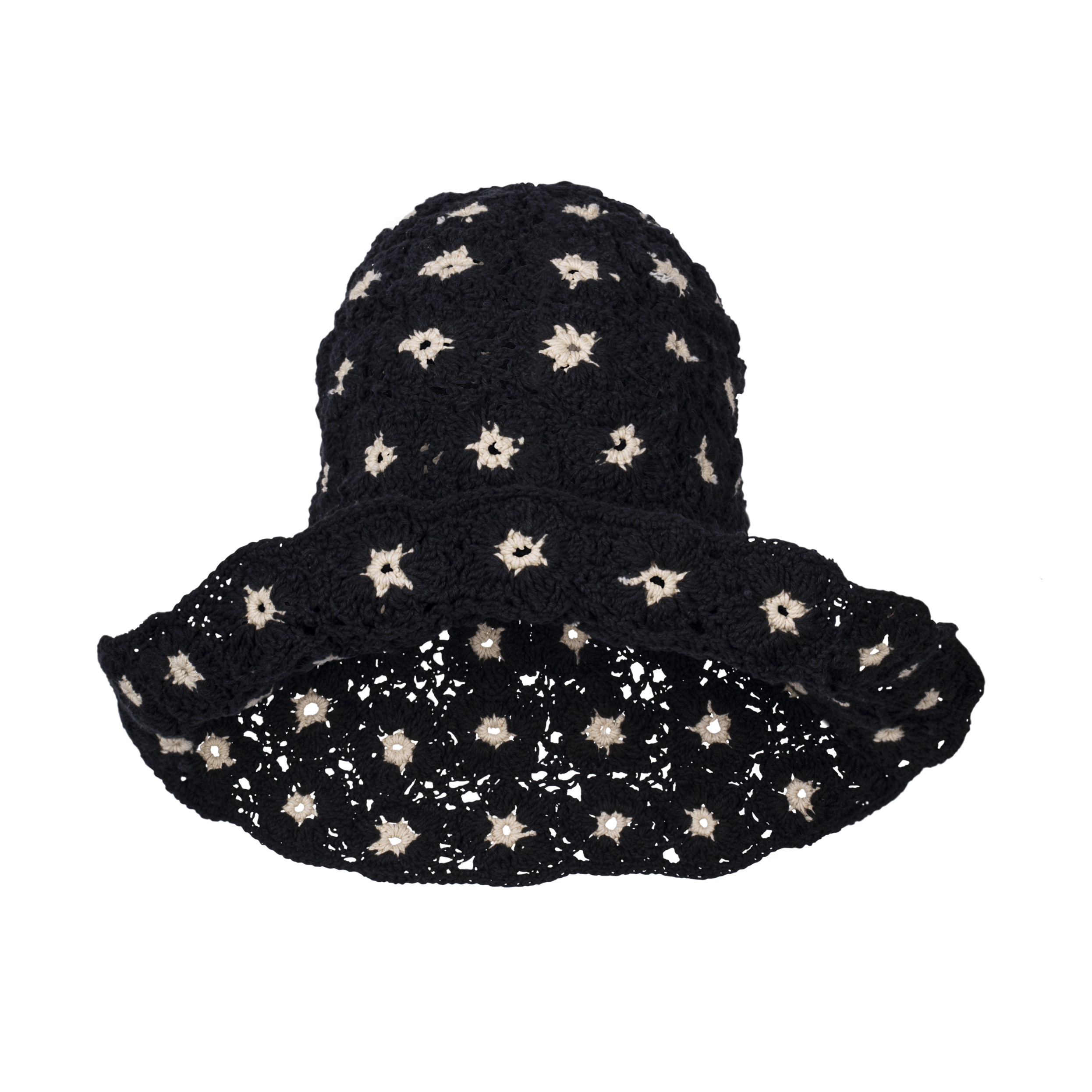 FLORA Crochet Hat in Black featuring a beautiful flower pattern, handcrafted from 100% cotton yarn, perfect for sunny outdoor occasions.