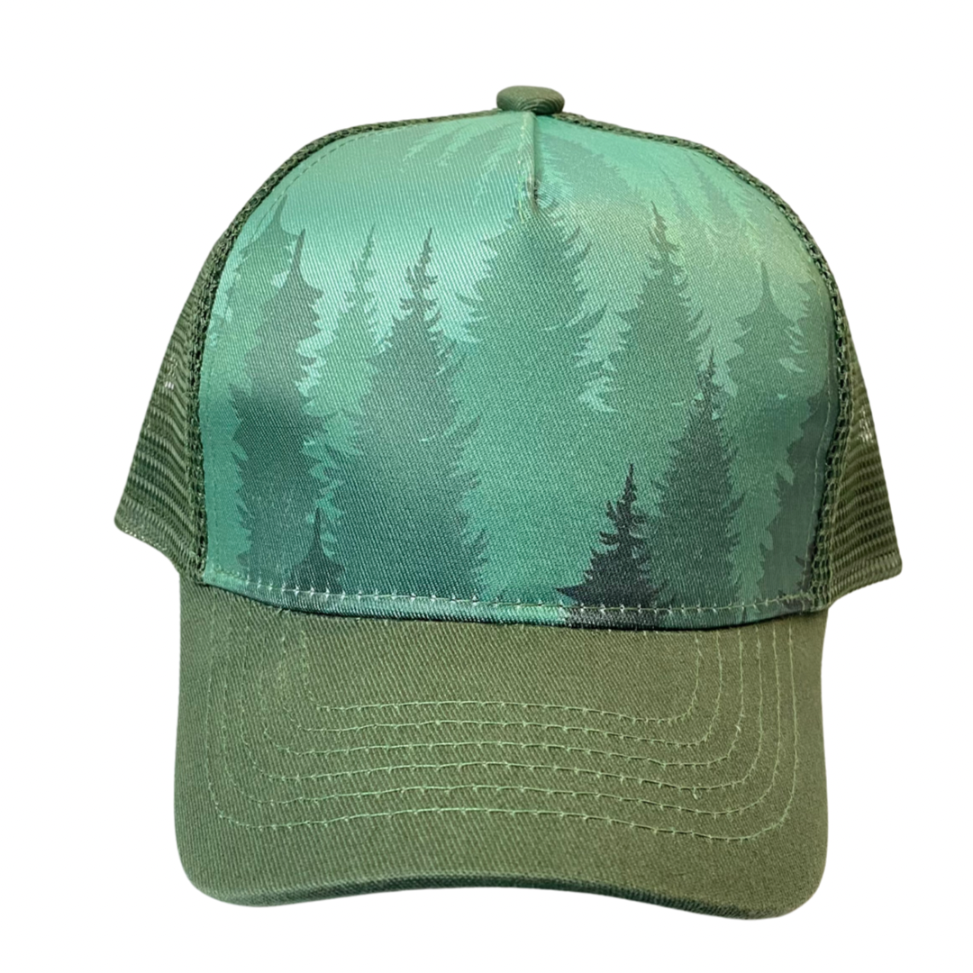 Forest Trucker Hat featuring a green tree design and dark green visor, perfect for outdoor adventures.