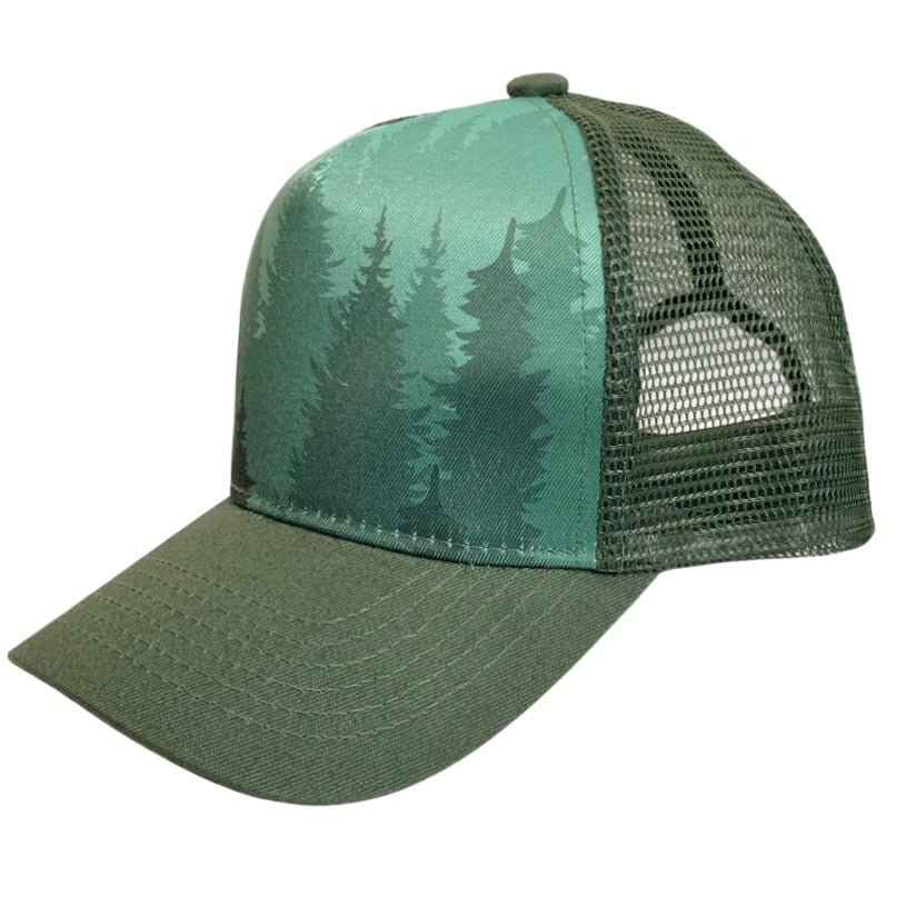 Forest Trucker Hat featuring a green tree design and dark green visor, perfect for outdoor adventures.